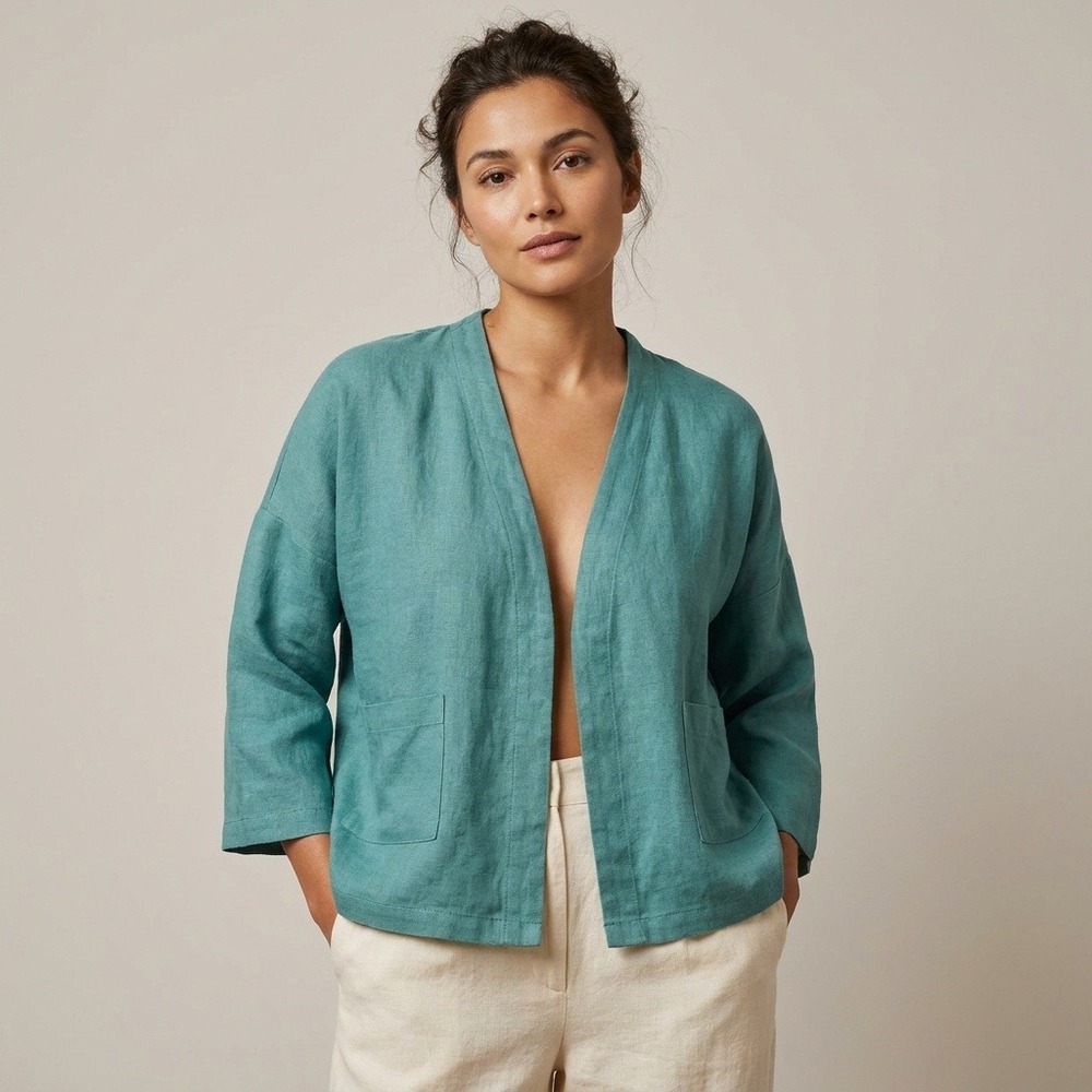FILOSOFIA Women‎ Teal 100% Linen Kimono Jacket Open Front Pockets Made in USA L